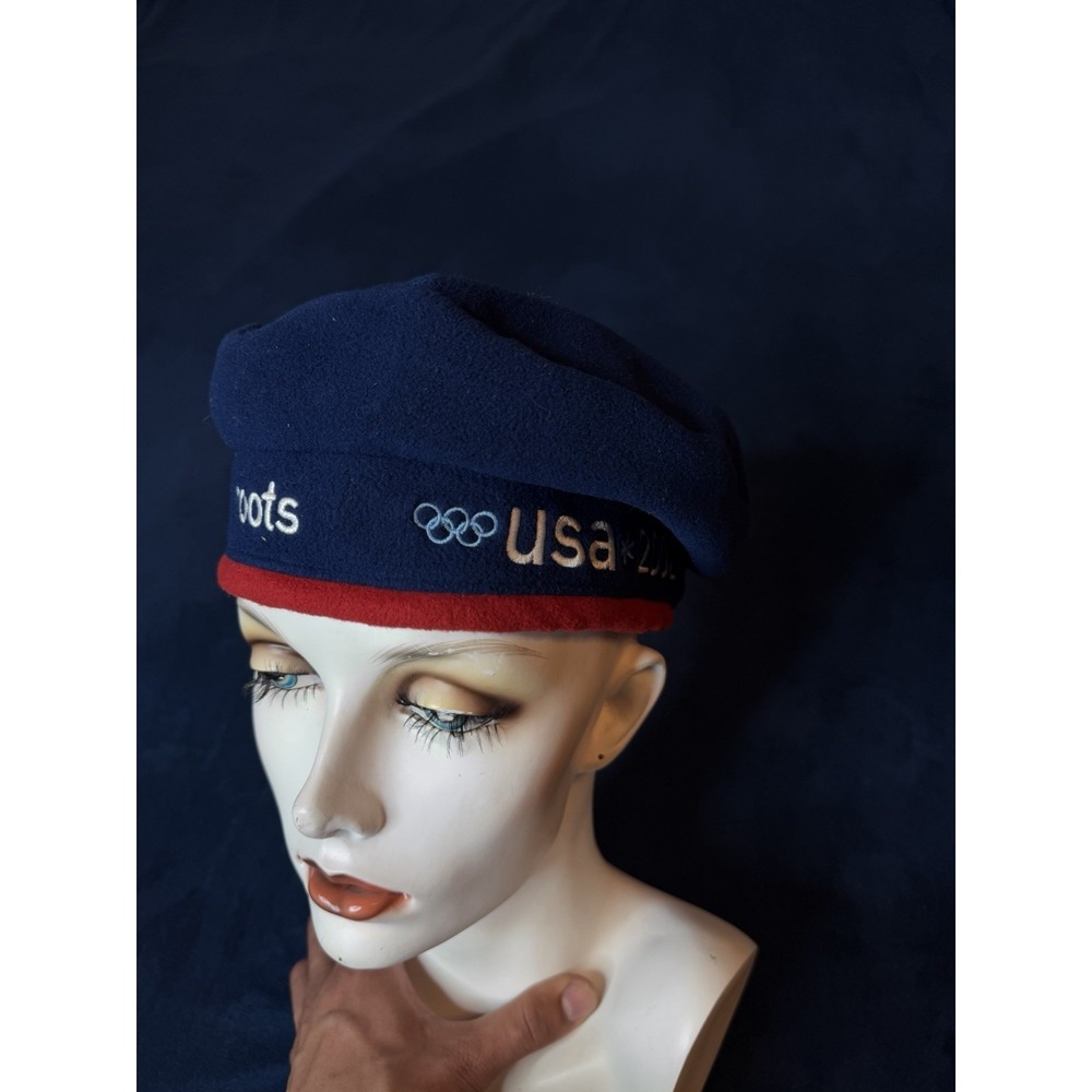 Roots USA Olympic Team Beanie Beret Hat Navy Red Fleece 2002 Mens One Size
